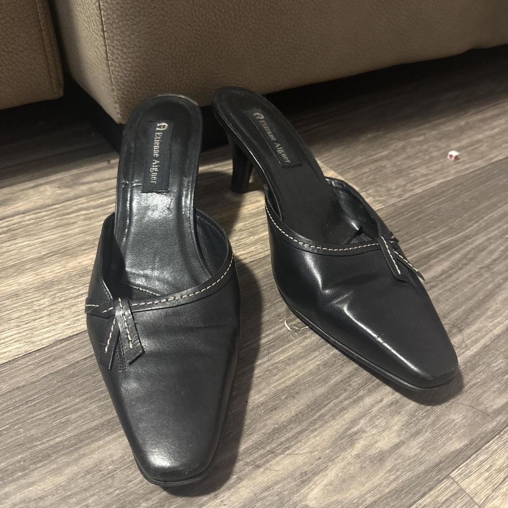 Etienne Aigner Black Leather Mules with Bow Accent